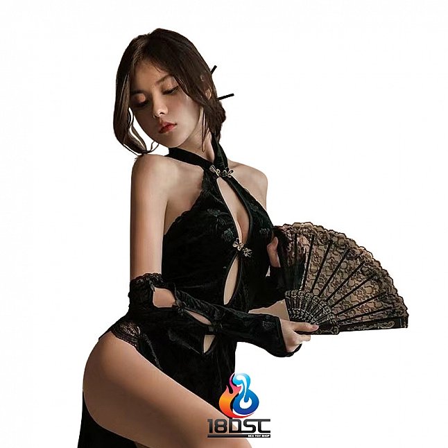 18DSC,Sex Toys,Girl's Secret - Black Rose Velvet Cheongsam